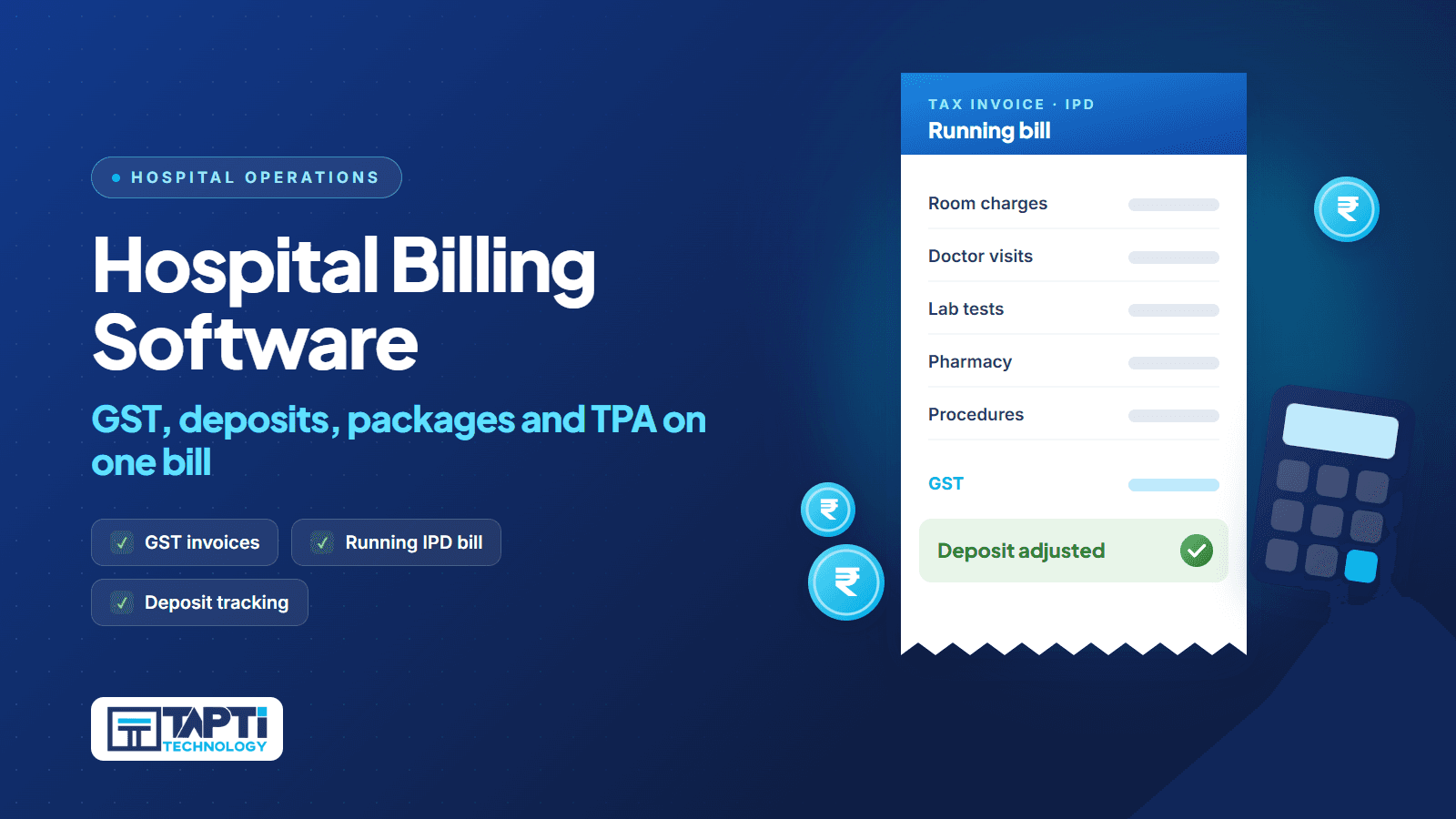 Hospital billing software: IPD running bill with room charges, doctor visits, lab, pharmacy and deposit
